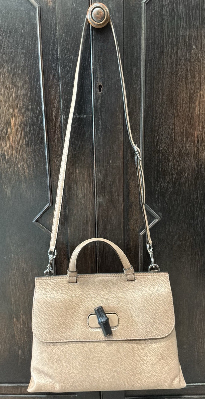 Gucci Bamboo Daily Top Handle Bag Taupe Pebbled Leather Bamboo Turn lock+ Strap