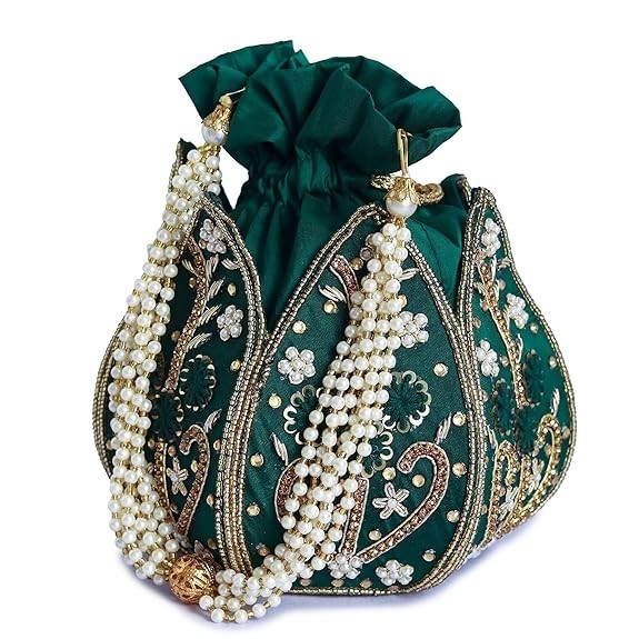 New Handcrafted Silk Potli Bag with Intricate Lotus Embroidery for Parties Green
