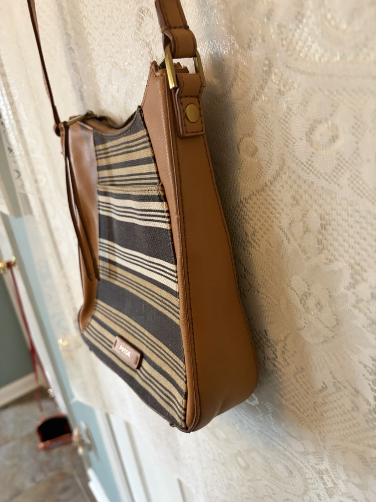 Fossil Fabric & Faux Leather Crossbody Striped Bag Key Accent EUC
