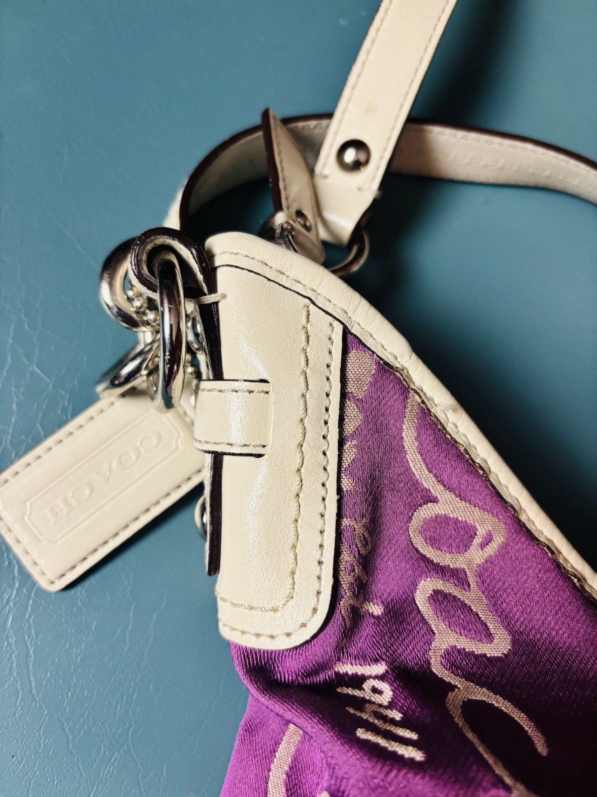 Coach purple satin Horse and Carriage hobo shoulder bag with white leather trim