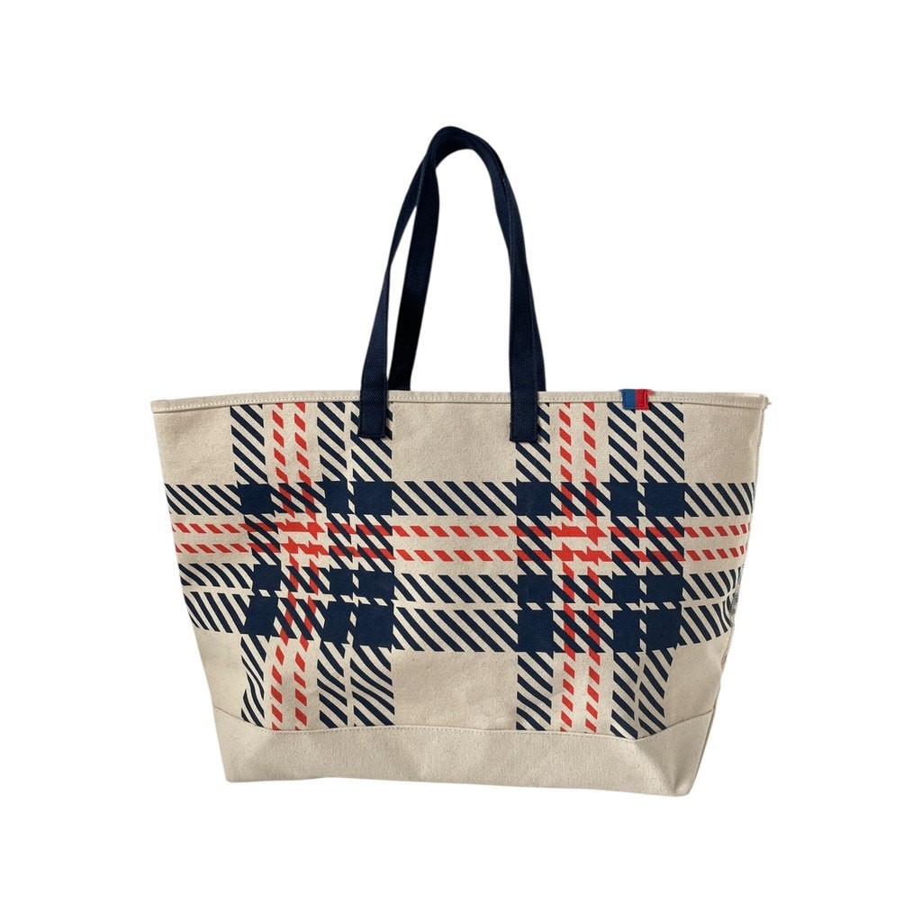 KULE Plaid Canvas Shoulder Tote Natural Navy Red Over Shoulder Carryall Bag