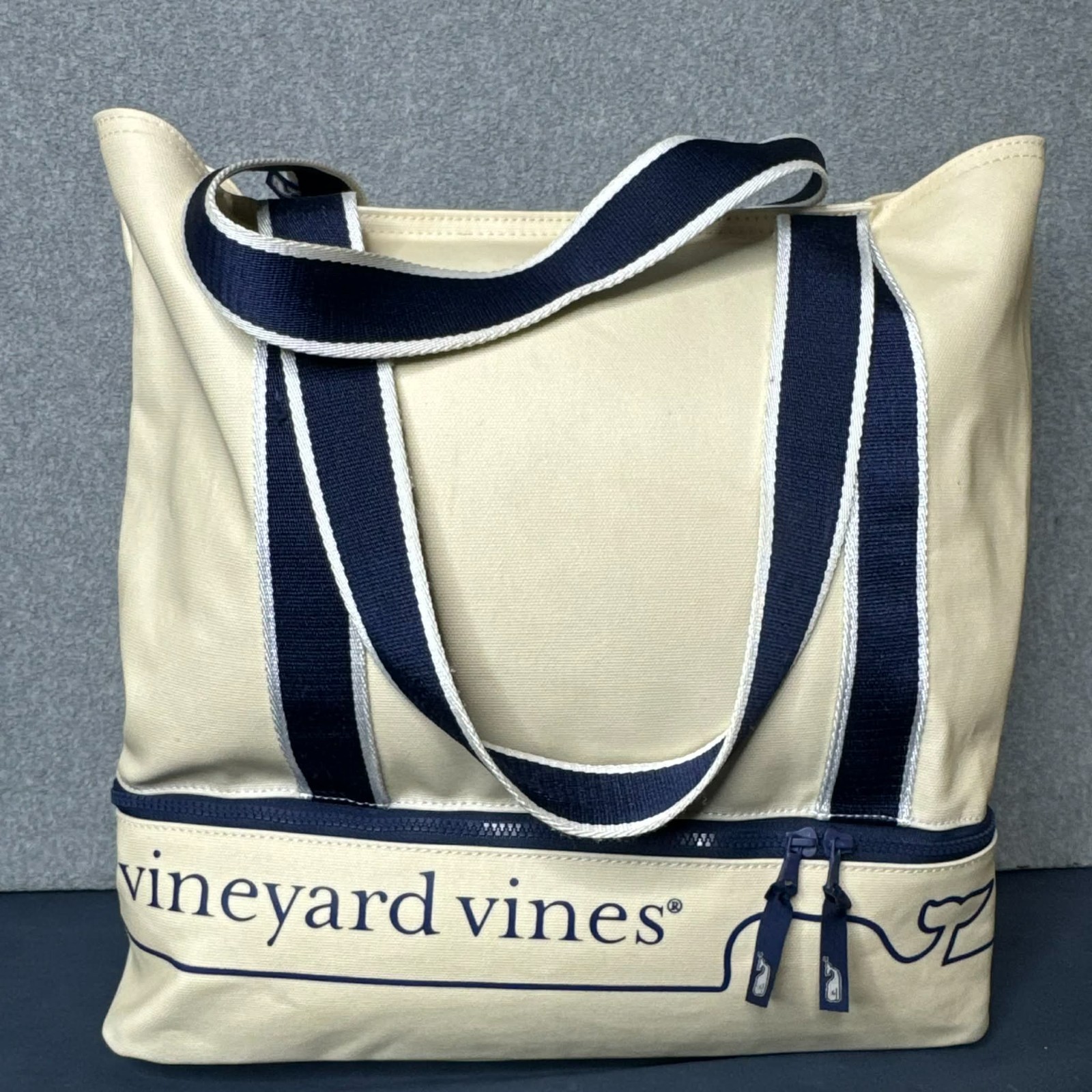 Vineyard Vines x Target Large Canvas Tote Bag Cream Navy Beach Travel Zip Pouch