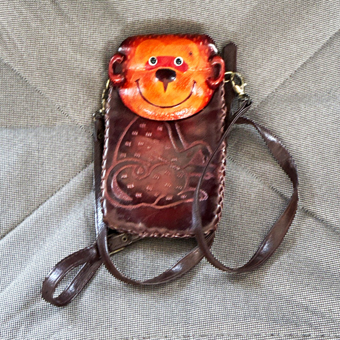 Brown Monkey Animal Print Small Crossbody Phone Bag, Magnetic, Lined, Gold