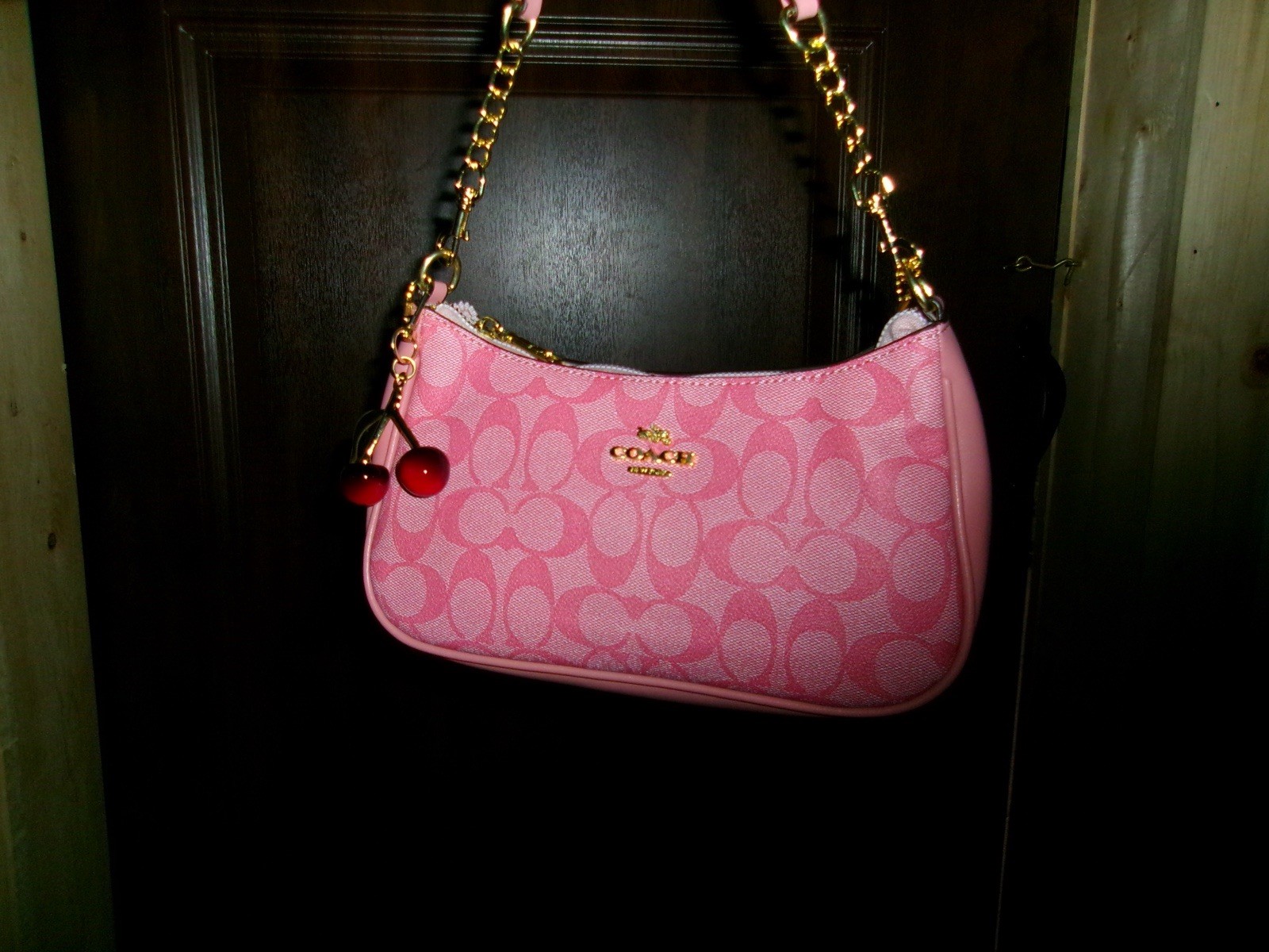 Coach Pink Logo Small Crescent Shoulder Bag Gold Chain Strap Cherry Charm