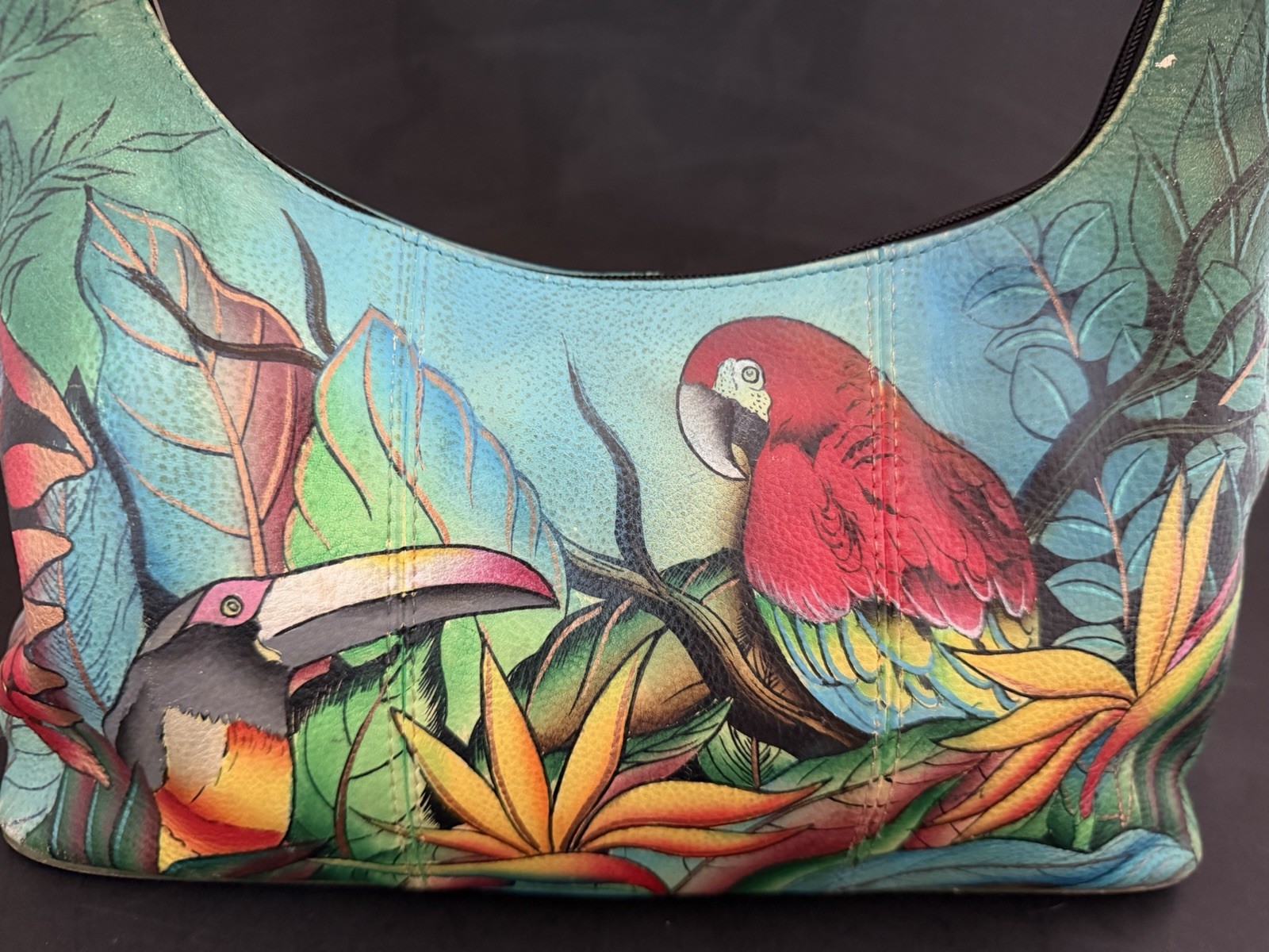 Anuschka Tropical Bliss Parrot/Toucan Birds Hand Painted Purse Shoulder Bag