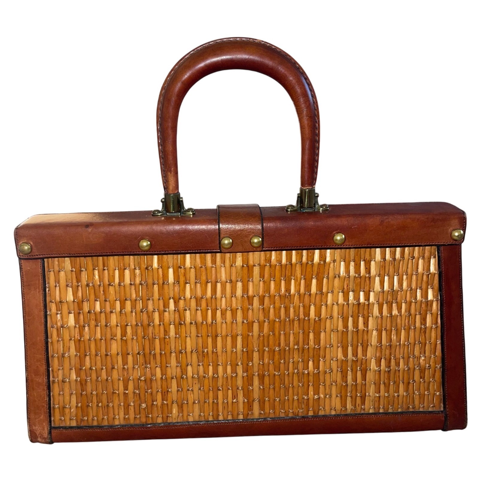 Etienne Aigner Leather Hand Bag Vintage Satchel Purse Womens Brown Woven Rattan