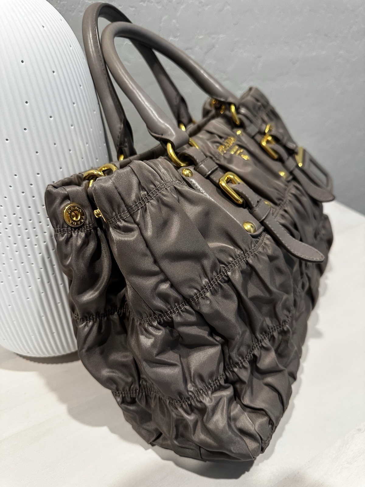 PRADA Gray Ruched Satchel Top Handle Bag w/ Detachable Strap Gold Hardware