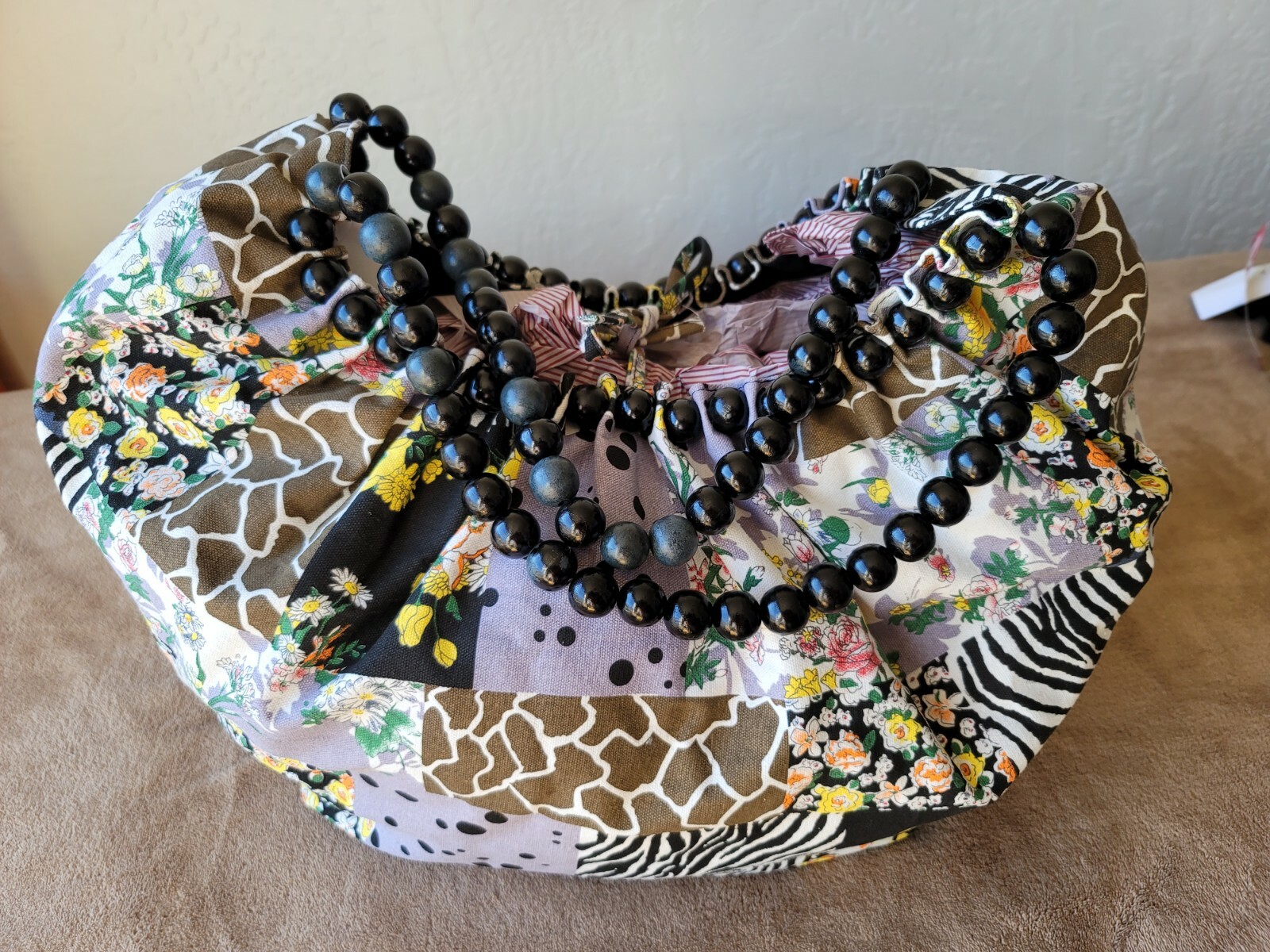 Large Floral Print Black Lined Hand Bag With Beaded Handle By Amici Accessories