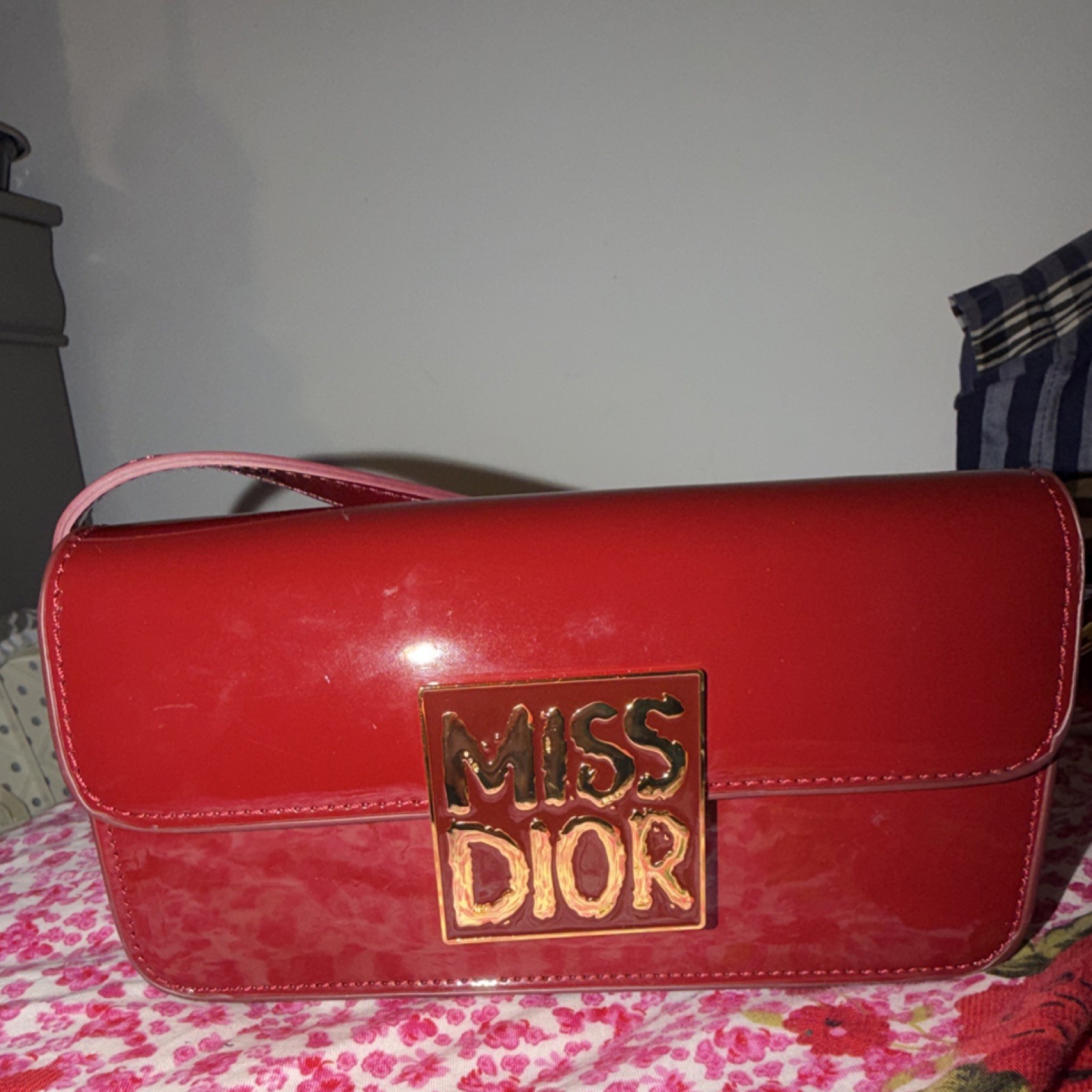 Dior Miss Dior Red Patent Shoulder Bag with Gold-Tone Hardware Logo