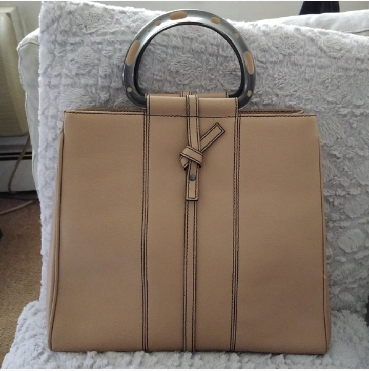 Christine DeGenarro $275 Beige Leather Structured Handbag + Acetate Spot Handles