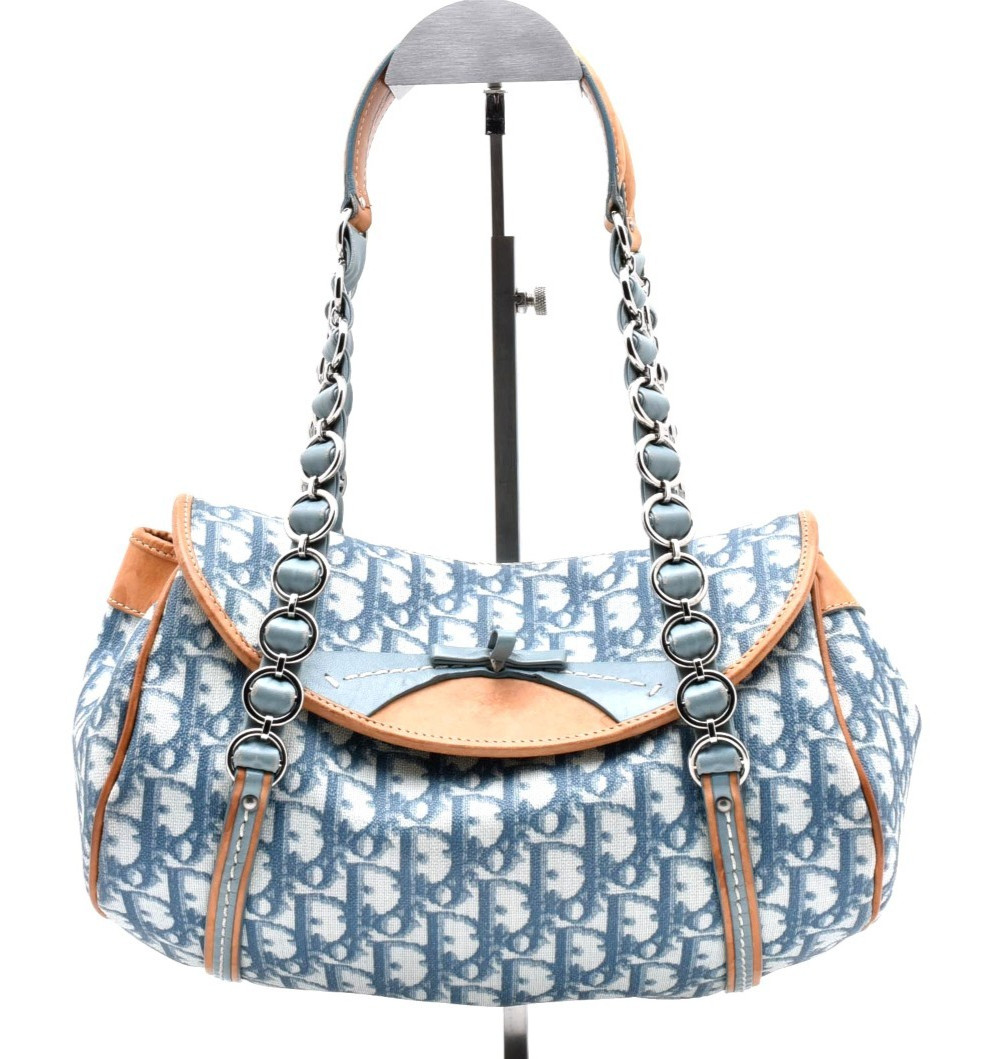 Rare! Christian Dior Trotter Romantic Chain Hand Bag Vintage Blue PVC Authentic