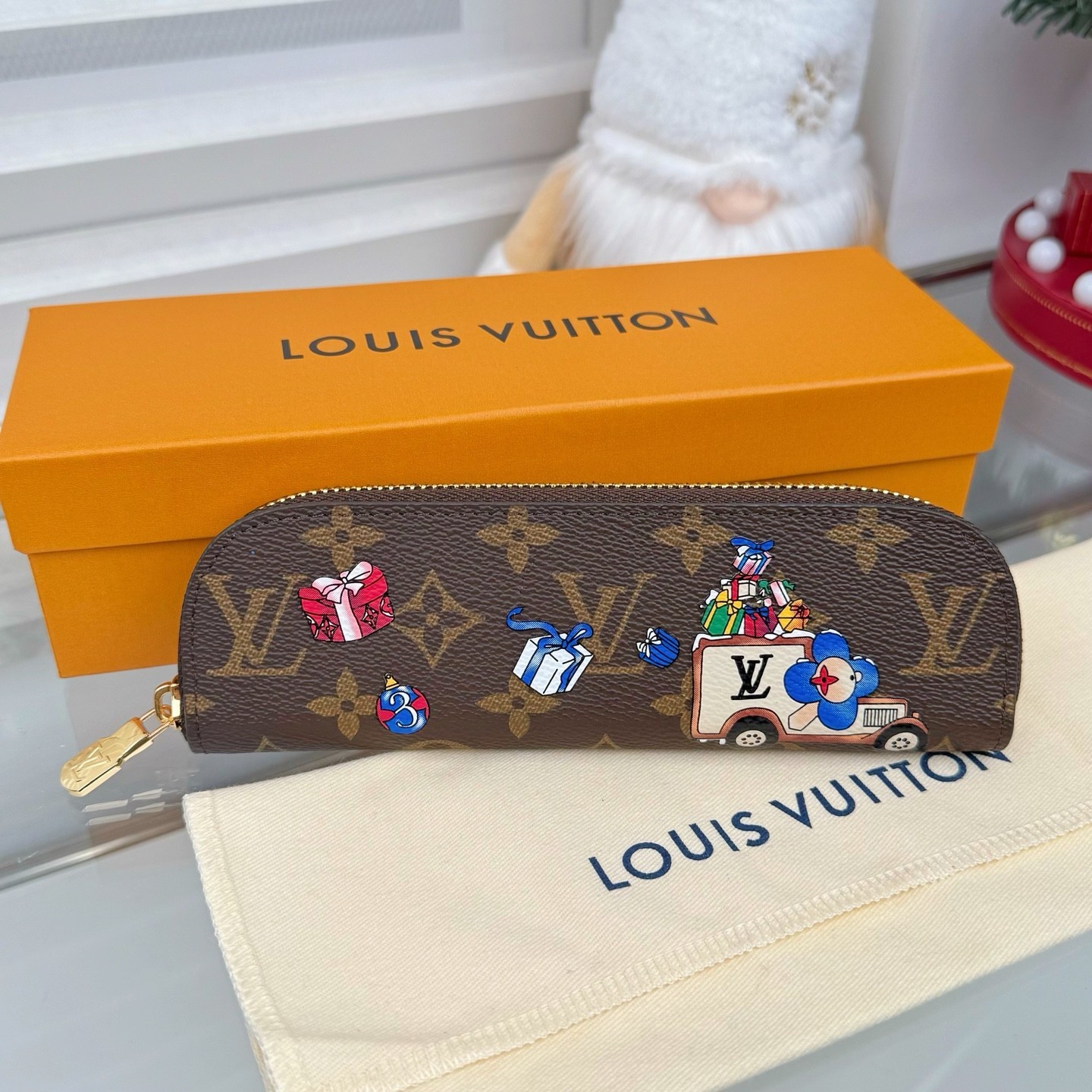 Brown Monogram Leather Pencil Case Zipper Cosmetic Pouch Cartoon Print Holder