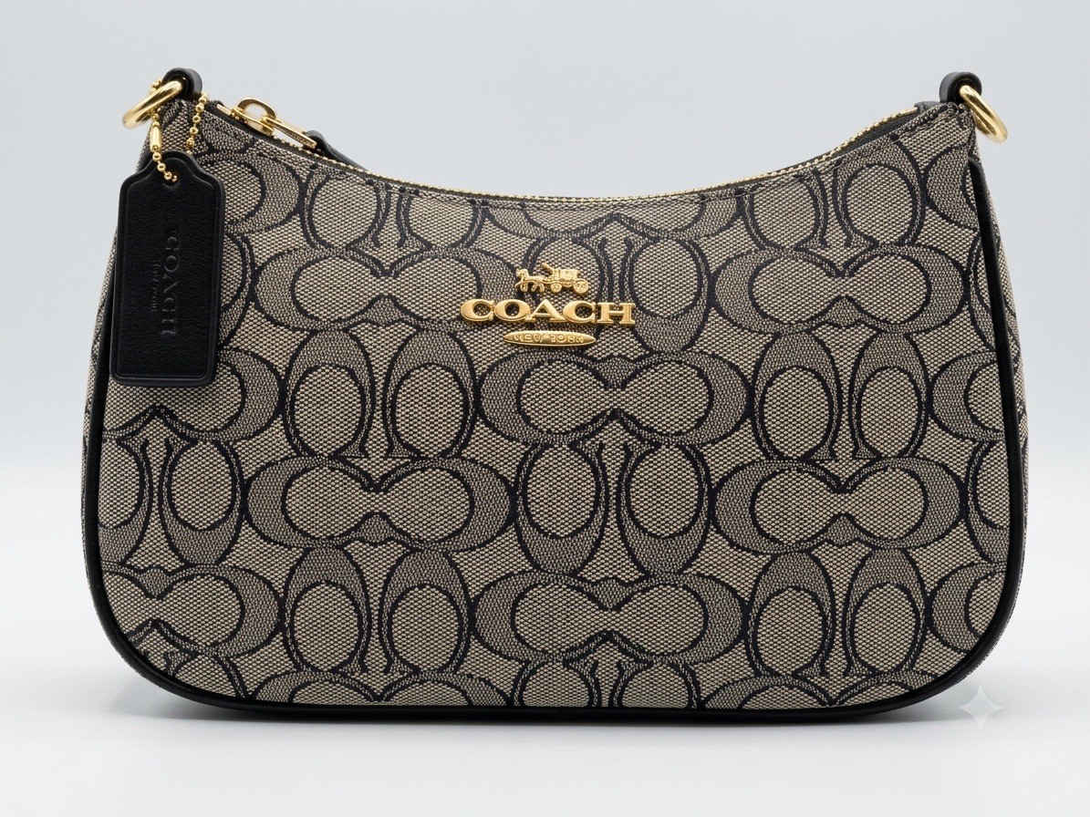 Coach Signature Small Crescent Zip Shoulder Bag Gray Black Gold Detachable Strap