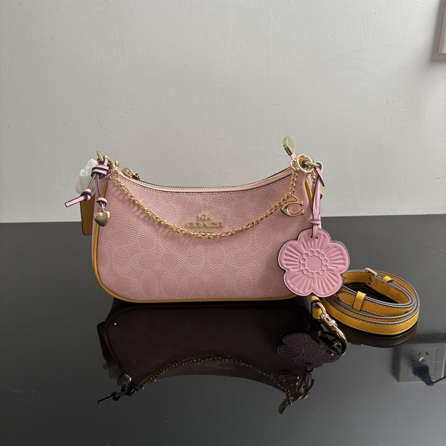 NWT Coach Teri Shoulder Bag Signature Canvas With Charms Gold/Powder Pink CEA20