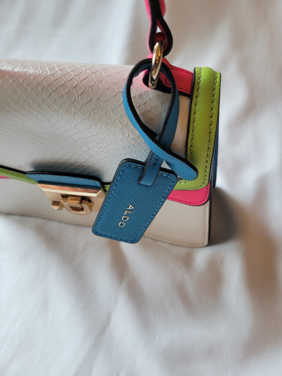 Aldo Etiwen Mini Satchel Purse Colorblock White/Pink/Lime Green