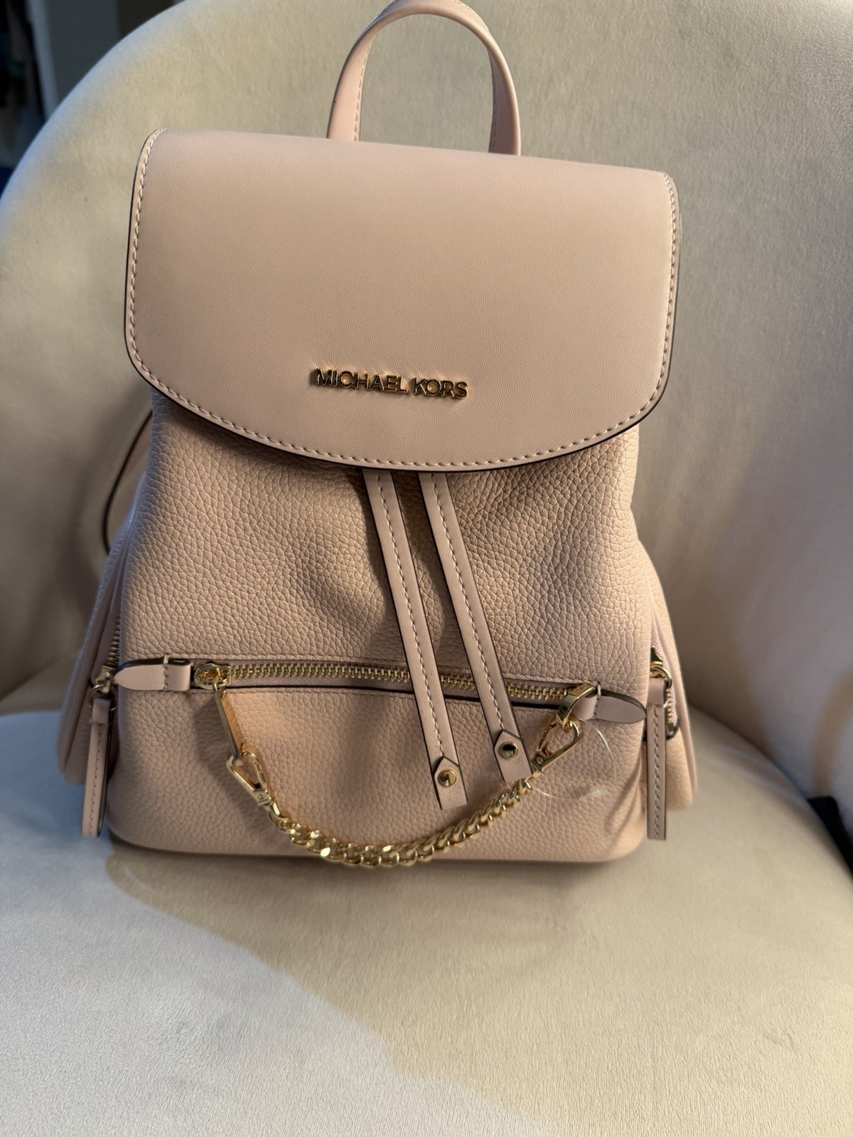 Michael Kors Pink Pebbled Backpack Top Handle Zip Gold Hardware Chain Pockets