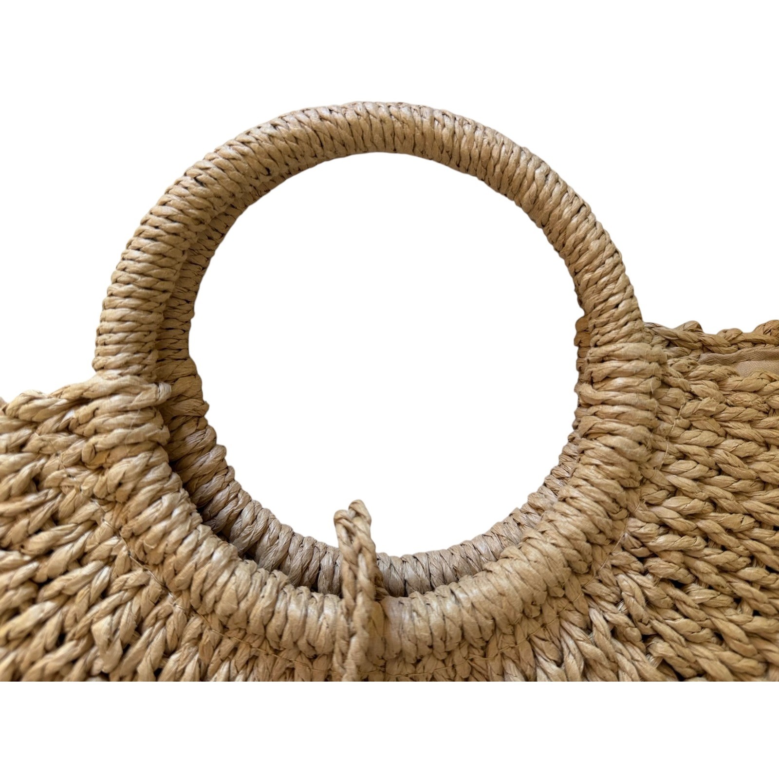 Womens Natural Straw Woven Handbag Semi Circle Tote Beach Bag Tan Open Weave