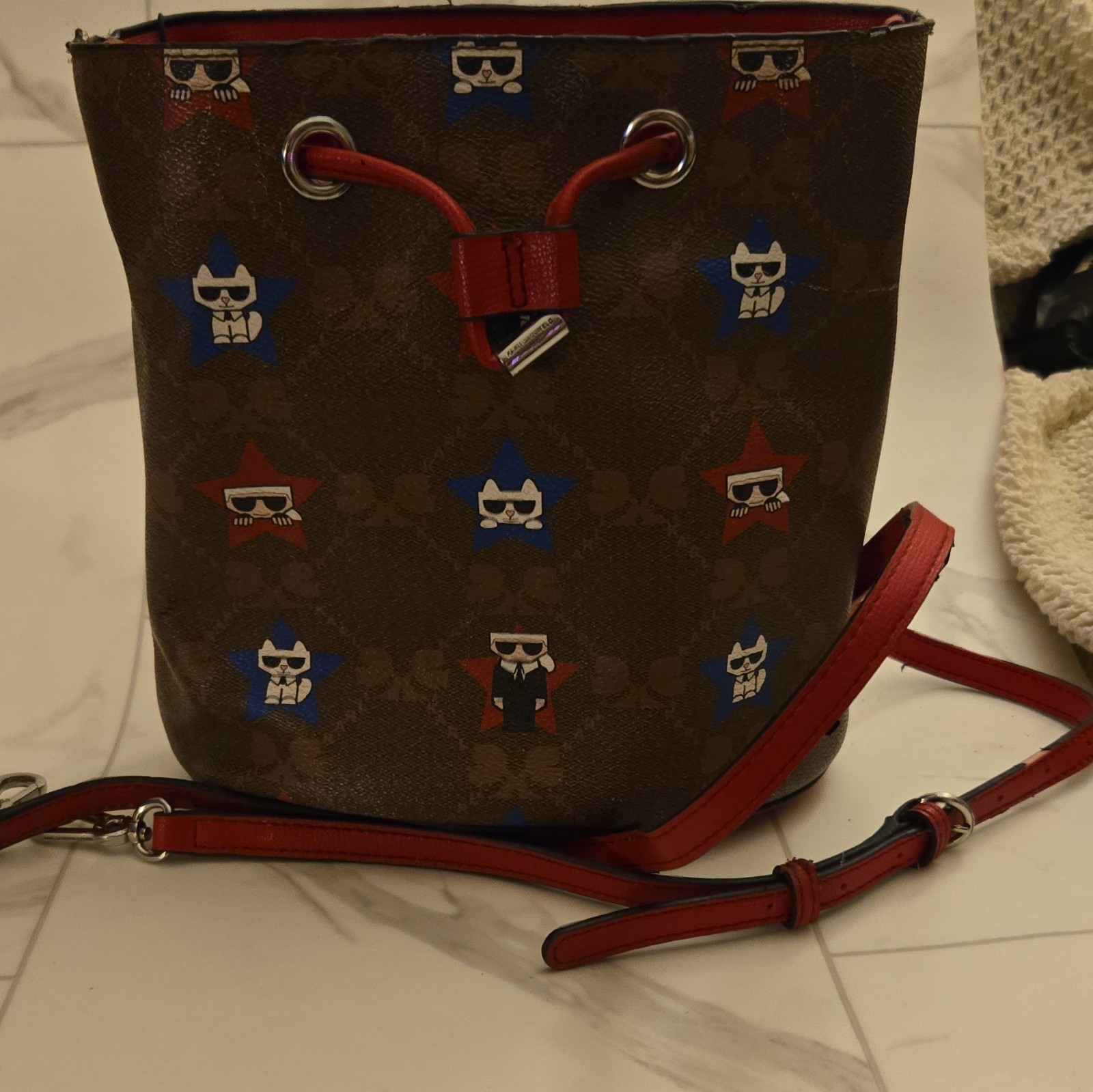 Karl Lagerfeld Choupette Small Drawstring Bucket Crossbody Bag Brown Red Blue