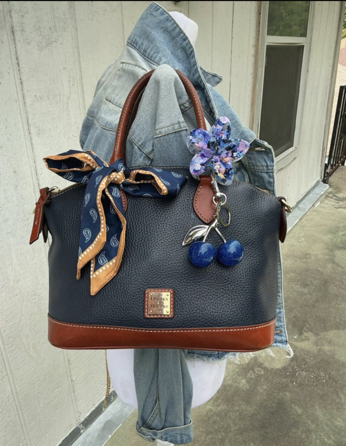 Dooney & Bourke Navy Brown Pebbled Satchel Top Handle Zip Gold Red Lined Charm