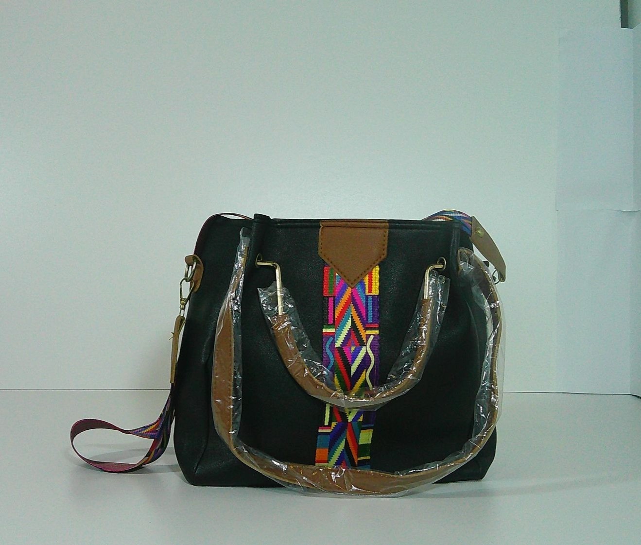 Colorful Geometric Accent Black Faux Leather Layla Striped Aztec Tote with Match