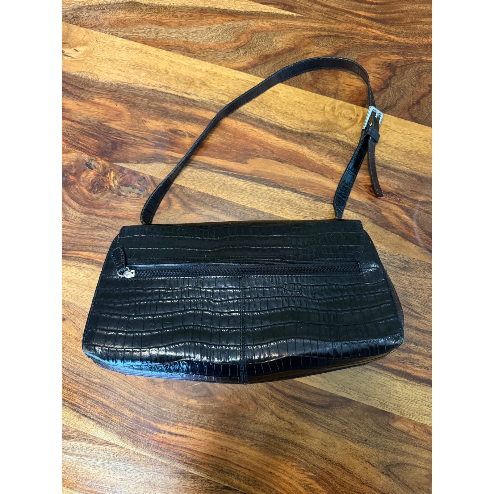 Etienne Aigner Black Croc Embossed Leather Baguette Shoulder Bag Silver Hardware