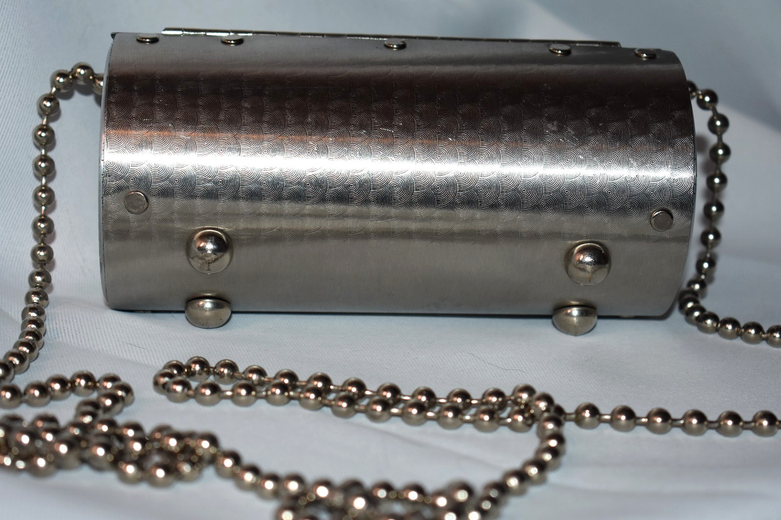 Signed 6″x3″ Vintage Wendy Stevens Stainless Steel Cylinder Crossbody Purse
