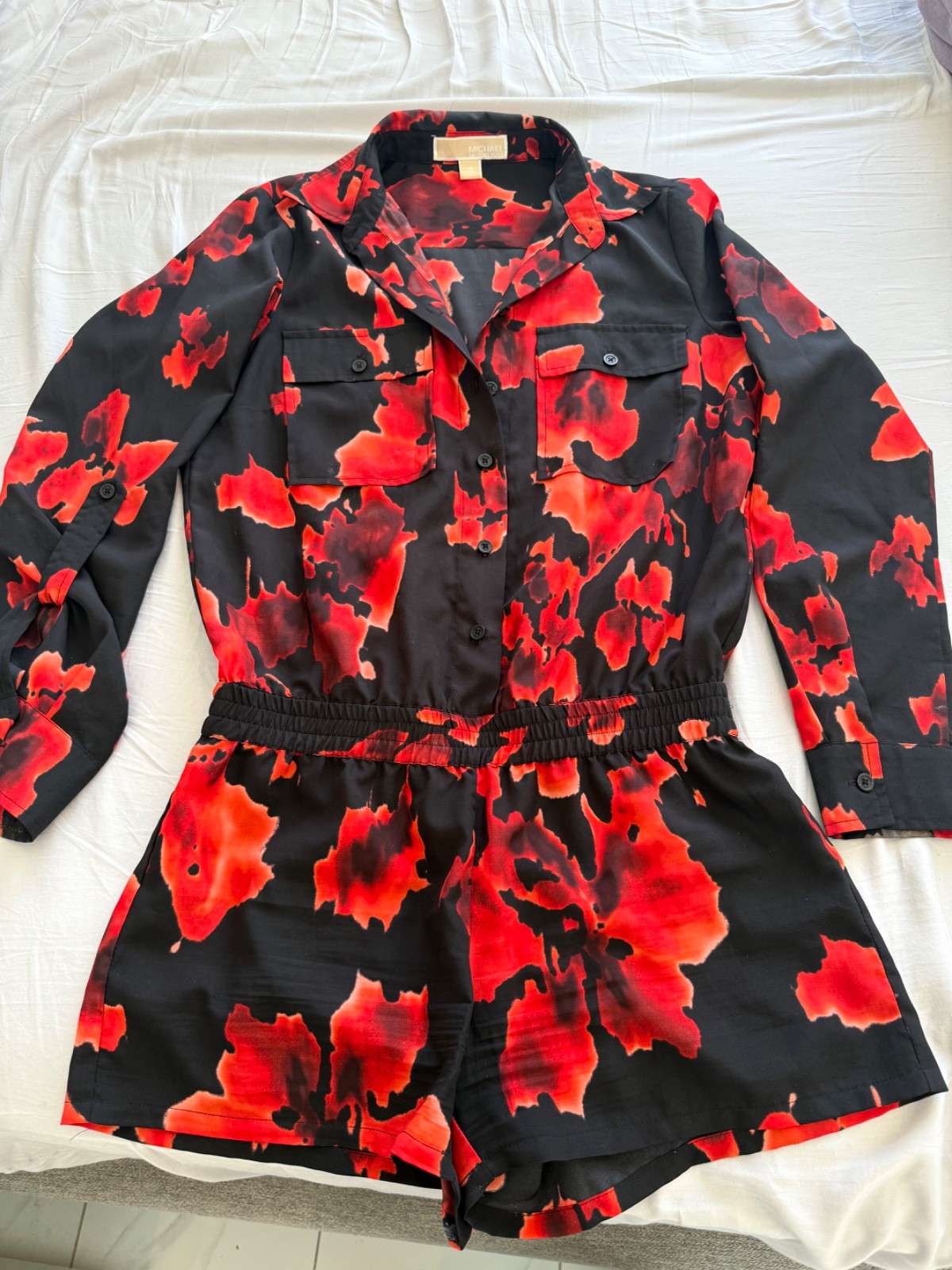 Michael Kors Red Black Floral Romper Long Sleeve Elastic Waist