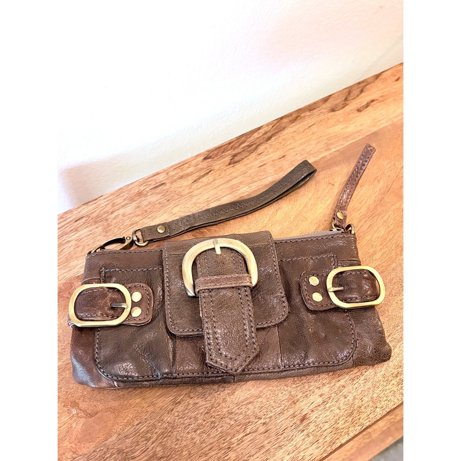Vi Vi Taupe Brown Leather Triple Buckle Wristlet Clutch Bag Moto Western Edgy