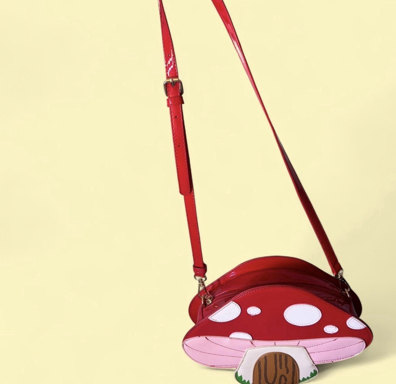Mushroom-Shaped Crossbody Bag Patent Finish Zip Closure Adjustable Strap Small