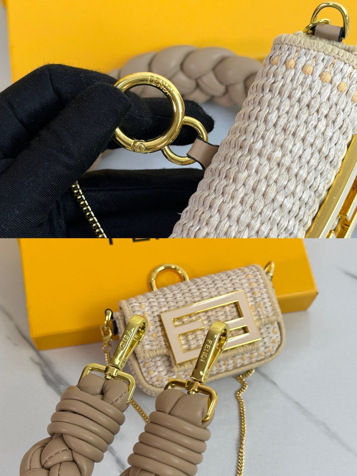 Fendi Nano Baguette Raffia Mini Crossbody Bag Beige Woven Leather Gold Chain