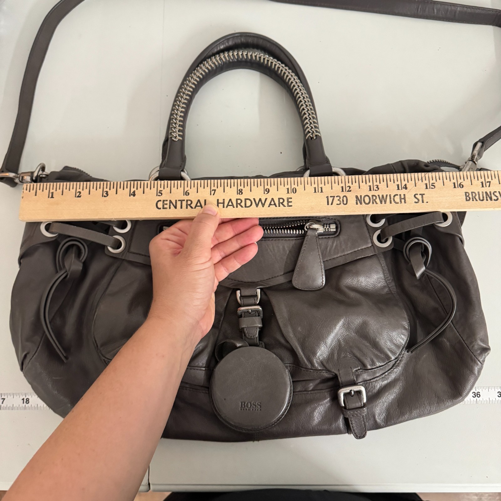 Hugo Boss Leather Hobo Shoulder Satchel Gray Lace Up Crossbody Strap Grunge Y2K