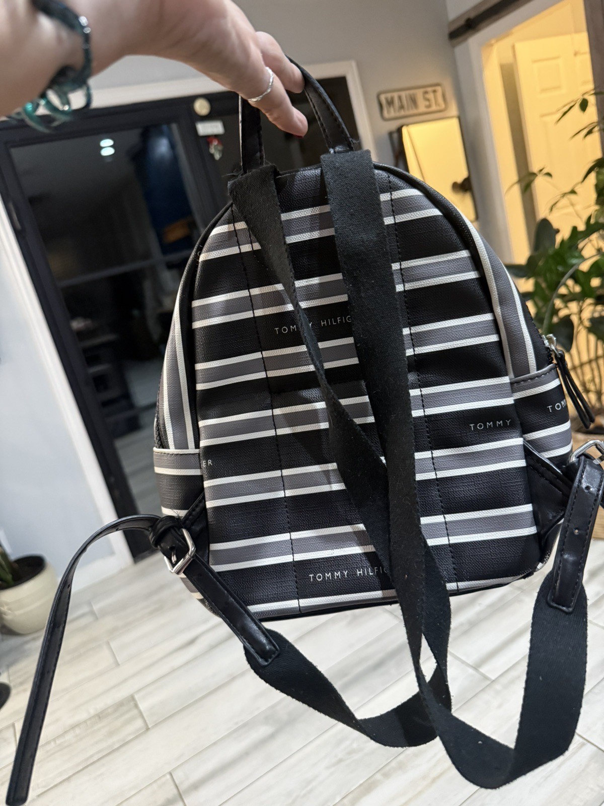 Tommy Hilfiger Small Backpack Striped Shoulder Black & White Bag