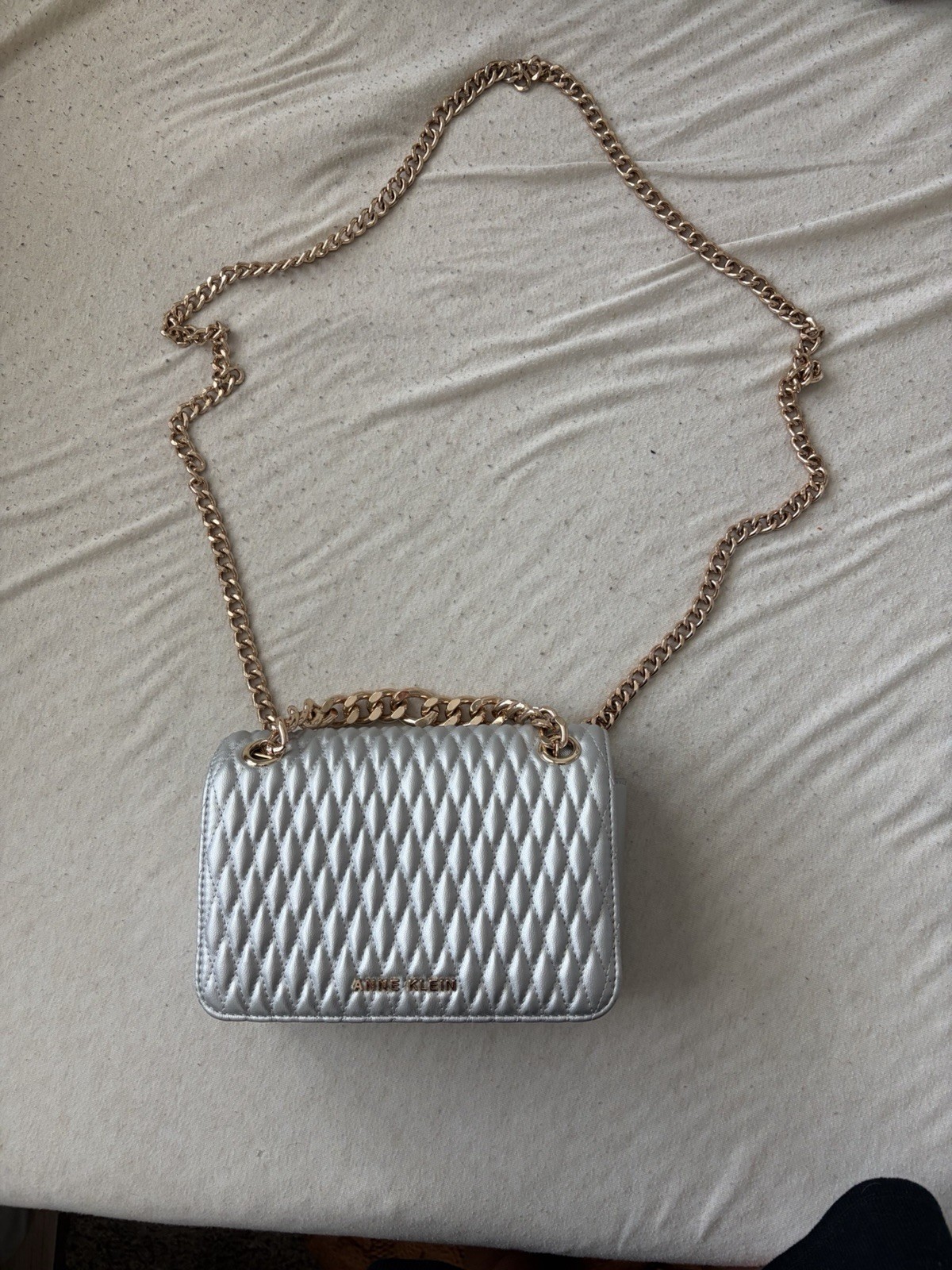 Anne Klein Quilted Silver Small Shoulder Bag Gold Chain Strap Magnetic Pouch