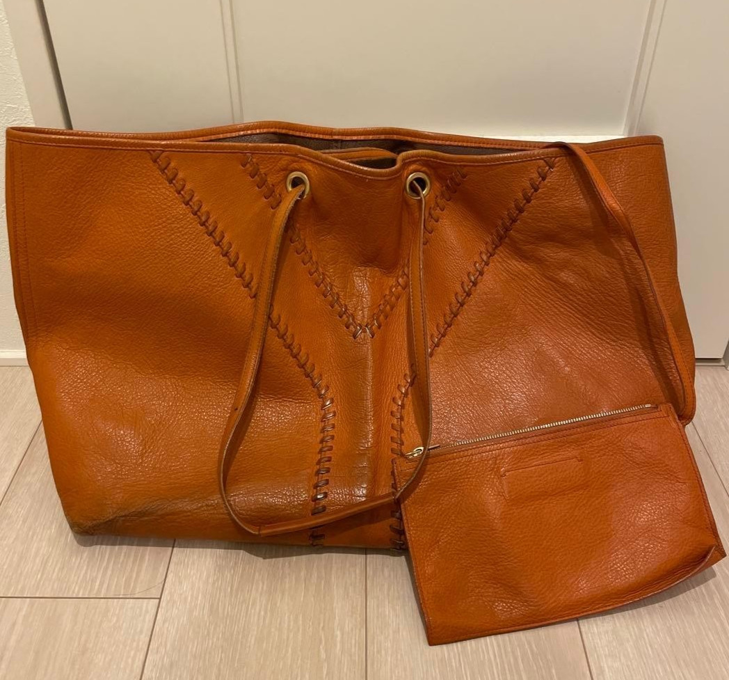 Yves Saint Laurent Orange Leather Reversible Tote Bag with Pouch Used From Japan