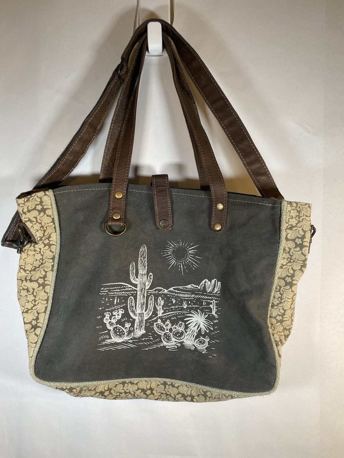Myra Western Canvas Tote Bag Cactus Desert Print Leather Straps Boho