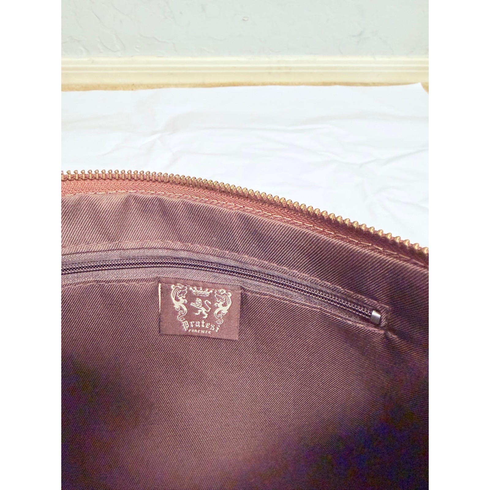 Pratesi Firenze Brown Quilted Leather Wristlet Clutch Bag Made in Italy Cognac