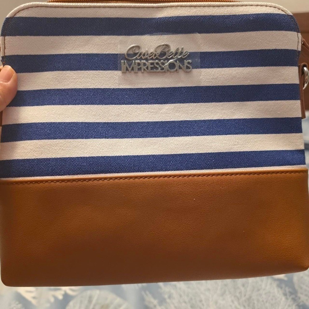 CoseBelle Impressions Blue White Striped Canvas Crossbody Bag Tan Vegan Leather