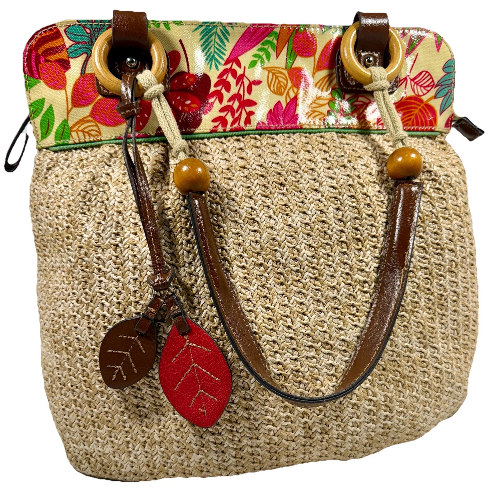Merona Straw Shoulder Bag Tropical Floral Brown Handles Leaf Charms 13×16 EUC