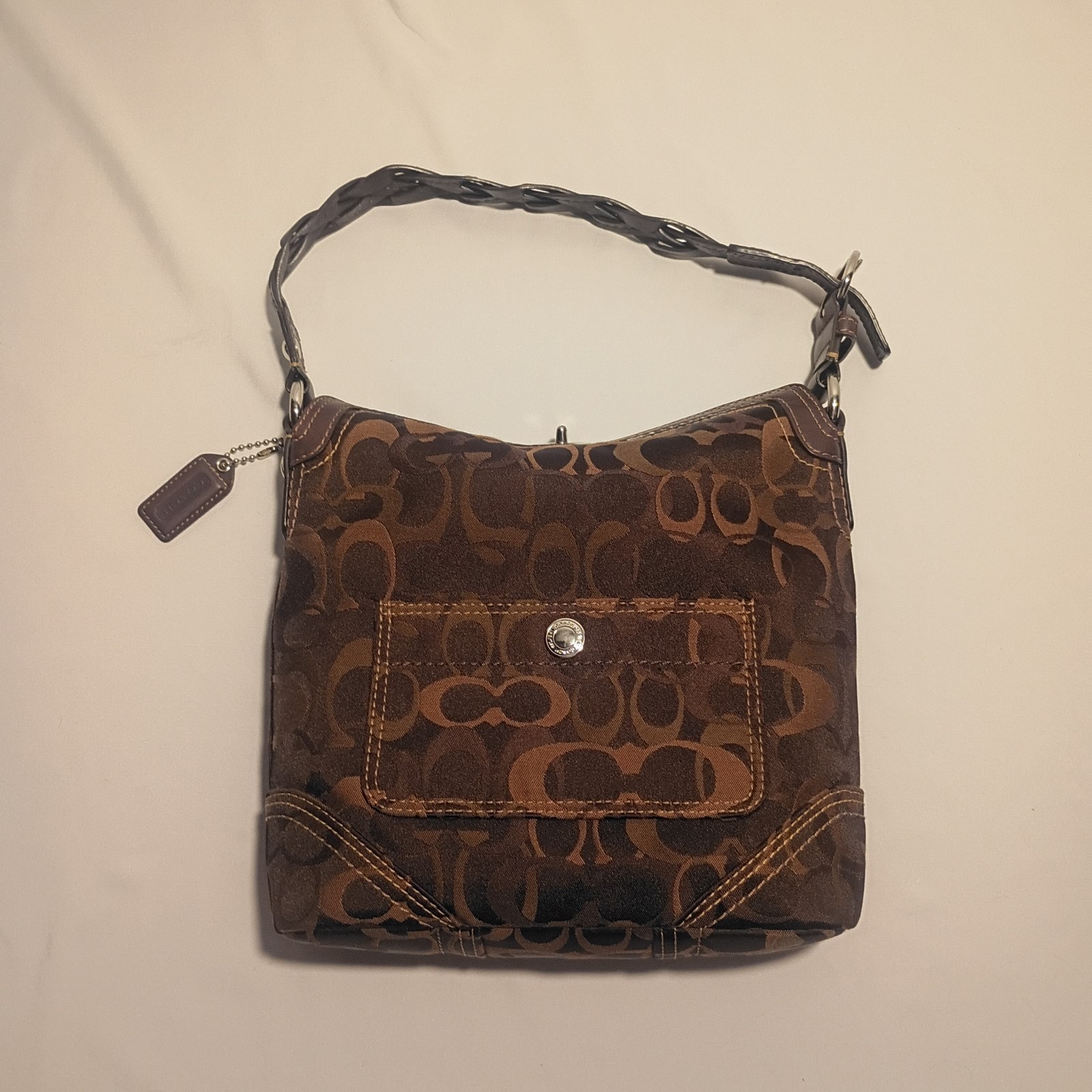 Coach Chelsea Optic Signature Hobo Bag Turn Lock Braided Leather Strap 10990