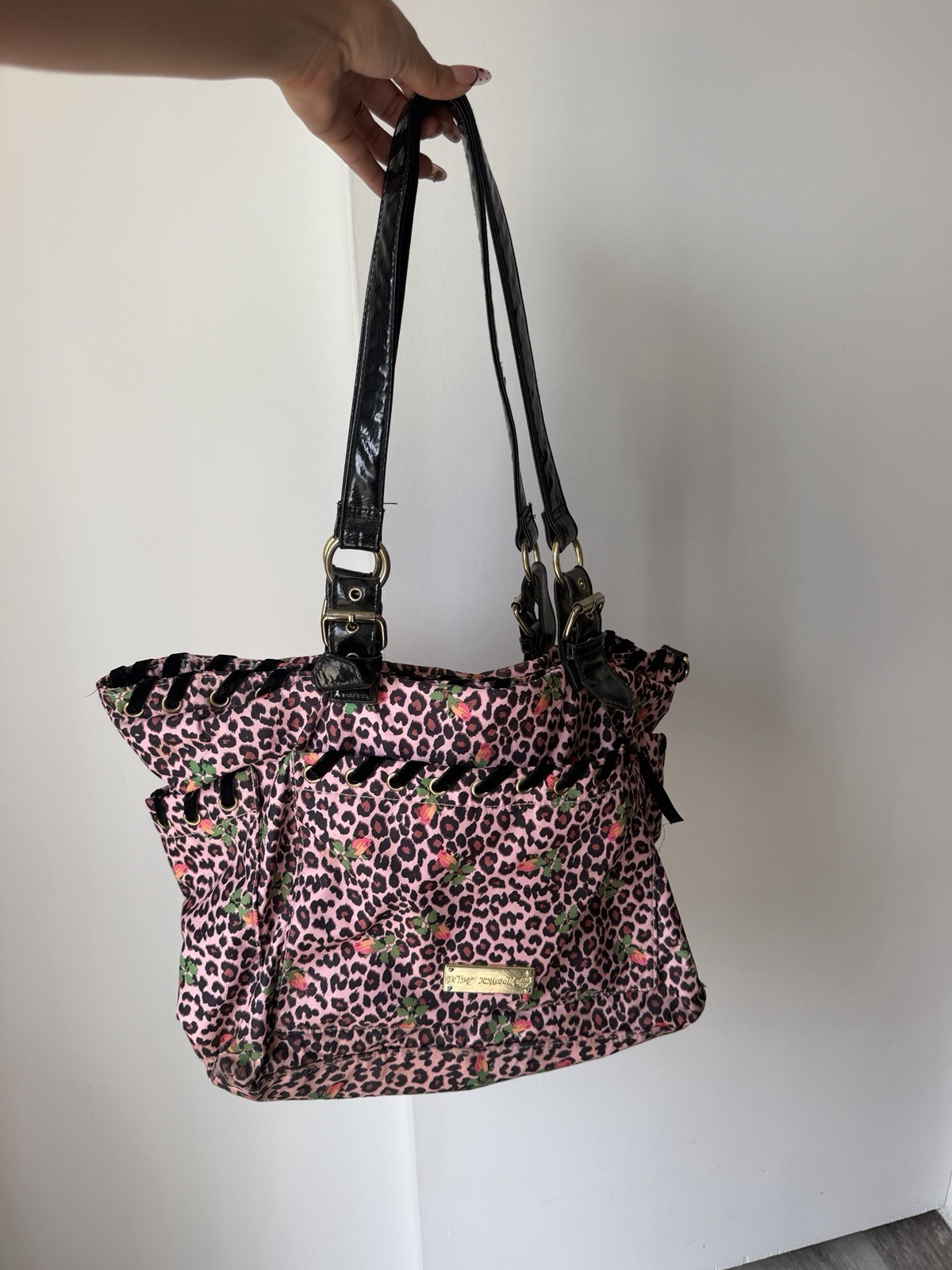 🔥Vintage Betsey Johnson Pink Leopard Floral/Shoulder Bag Large Y2K Travel Purse
