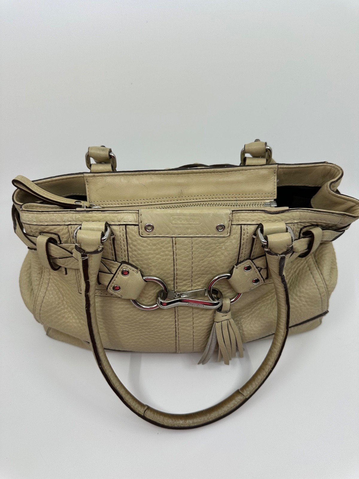 Coach Hampton F13084 Cream Pebbled Leather Braided Carryall Satchel Bag