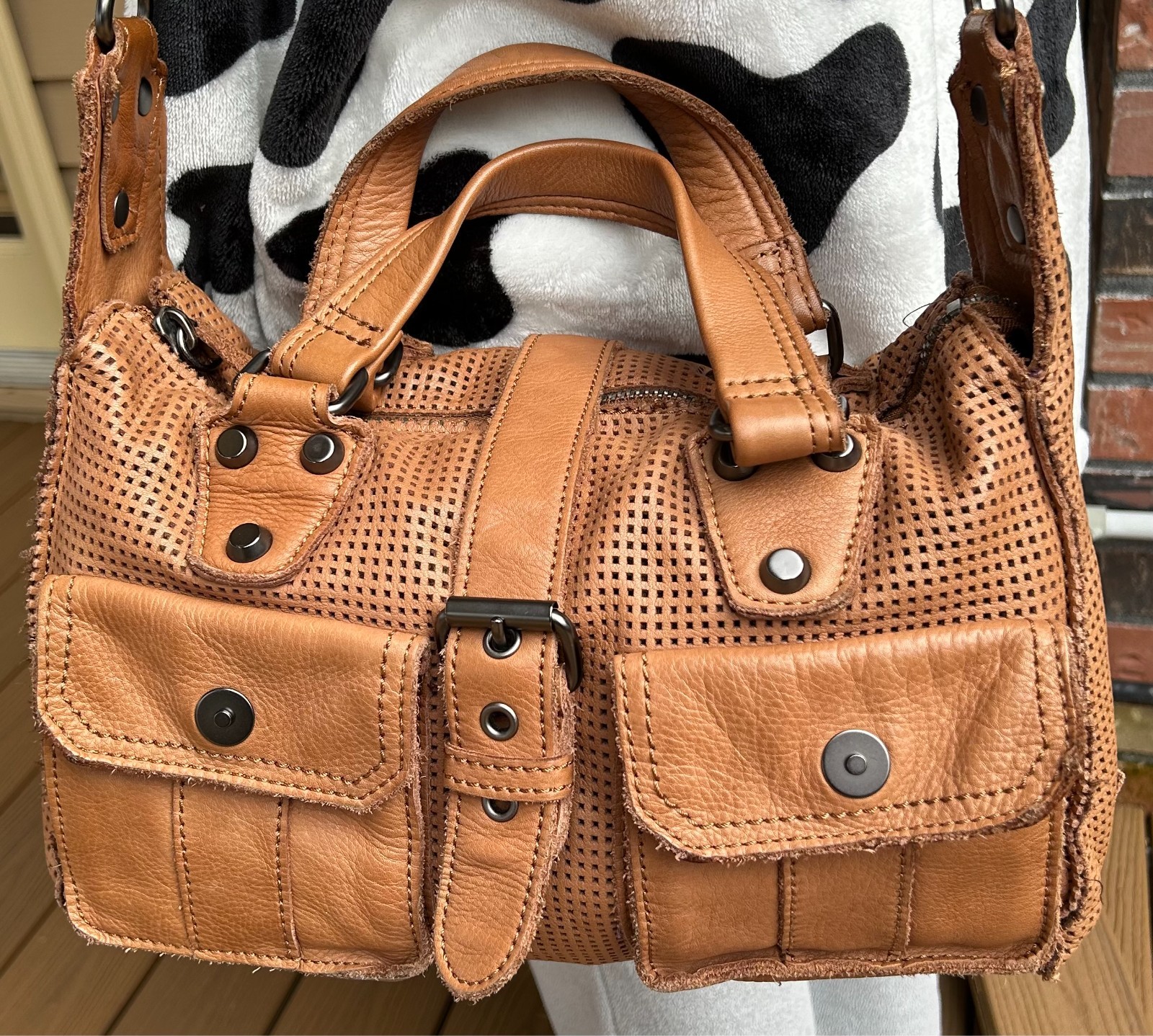 LINEA PELLE Collection BROWN Perforated RAW Edge LEATHER Crossbody SATCHEL Bag
