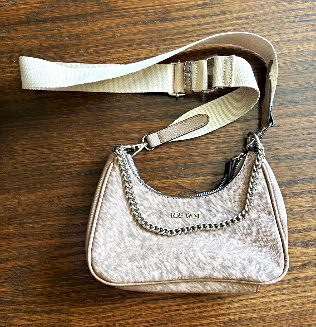 Nine West Beige Solid Crossbody Bag, Zip Closure, Adjustable Strap, Silver