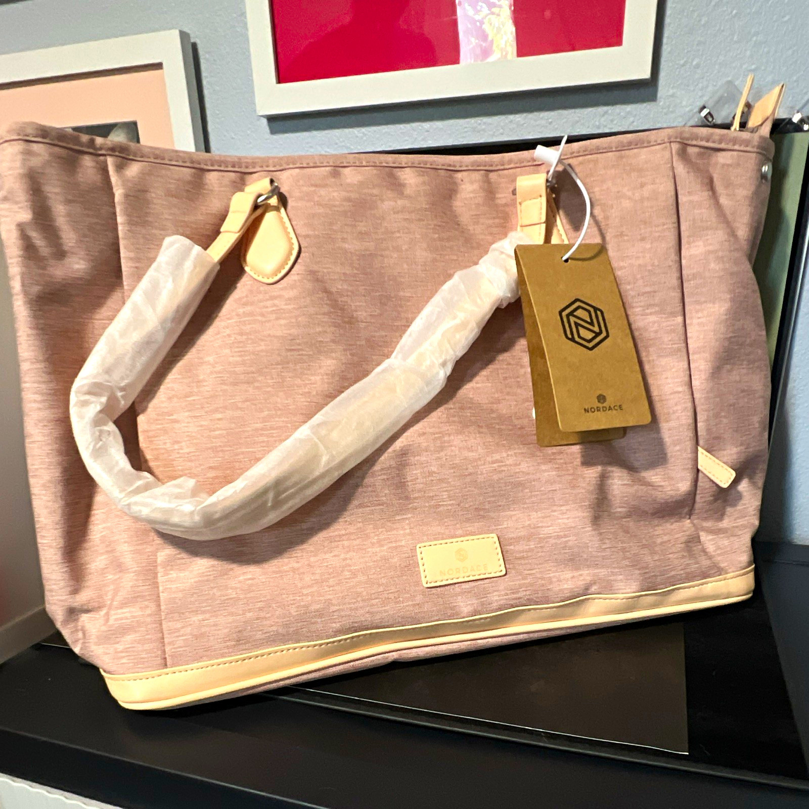 Nordace Large RFID Blocking Travel Tote Bag Pink with Detachable Strap Beige