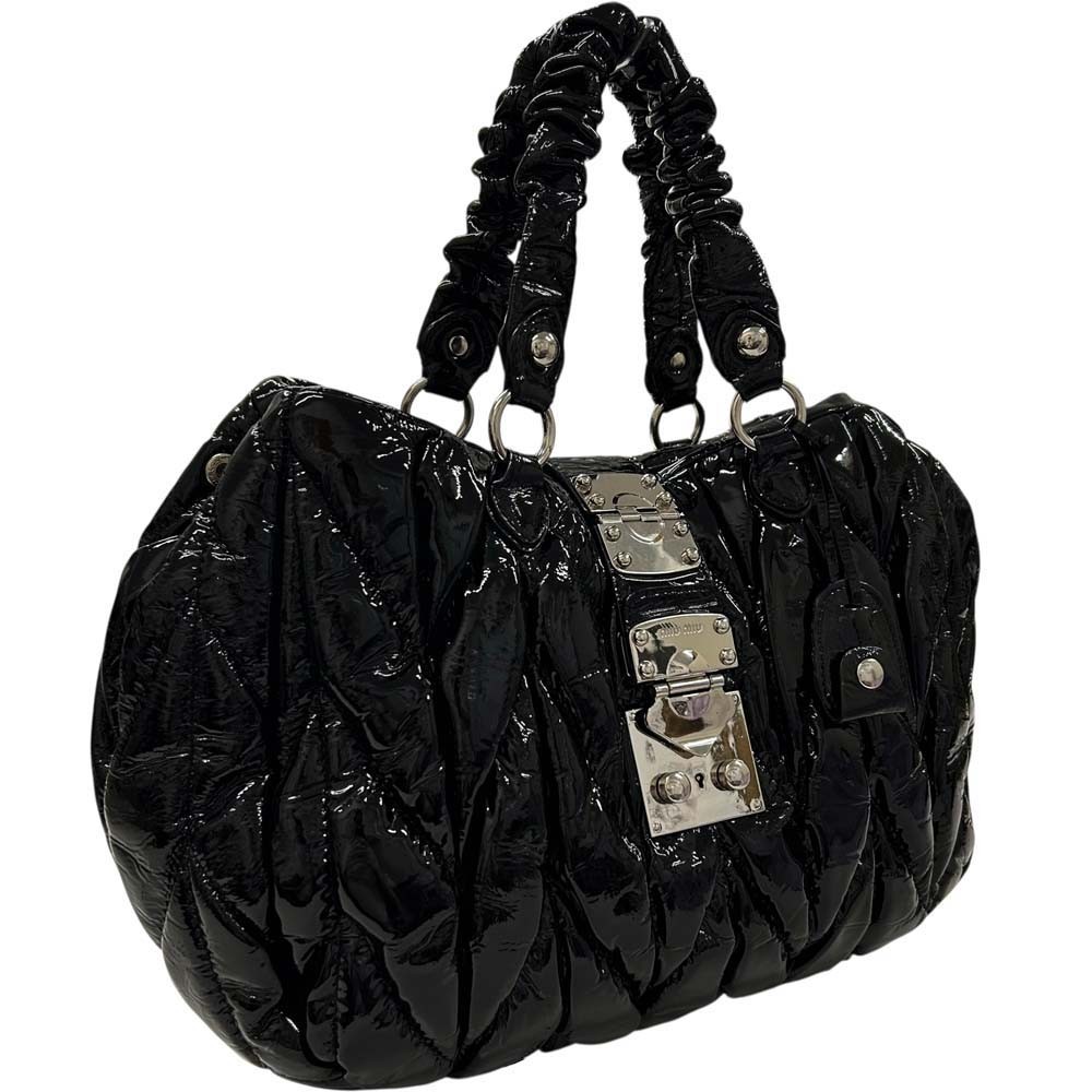 Miu Miu Enamel Tote Bag Matelass Leather Black Women’s #KNB1642