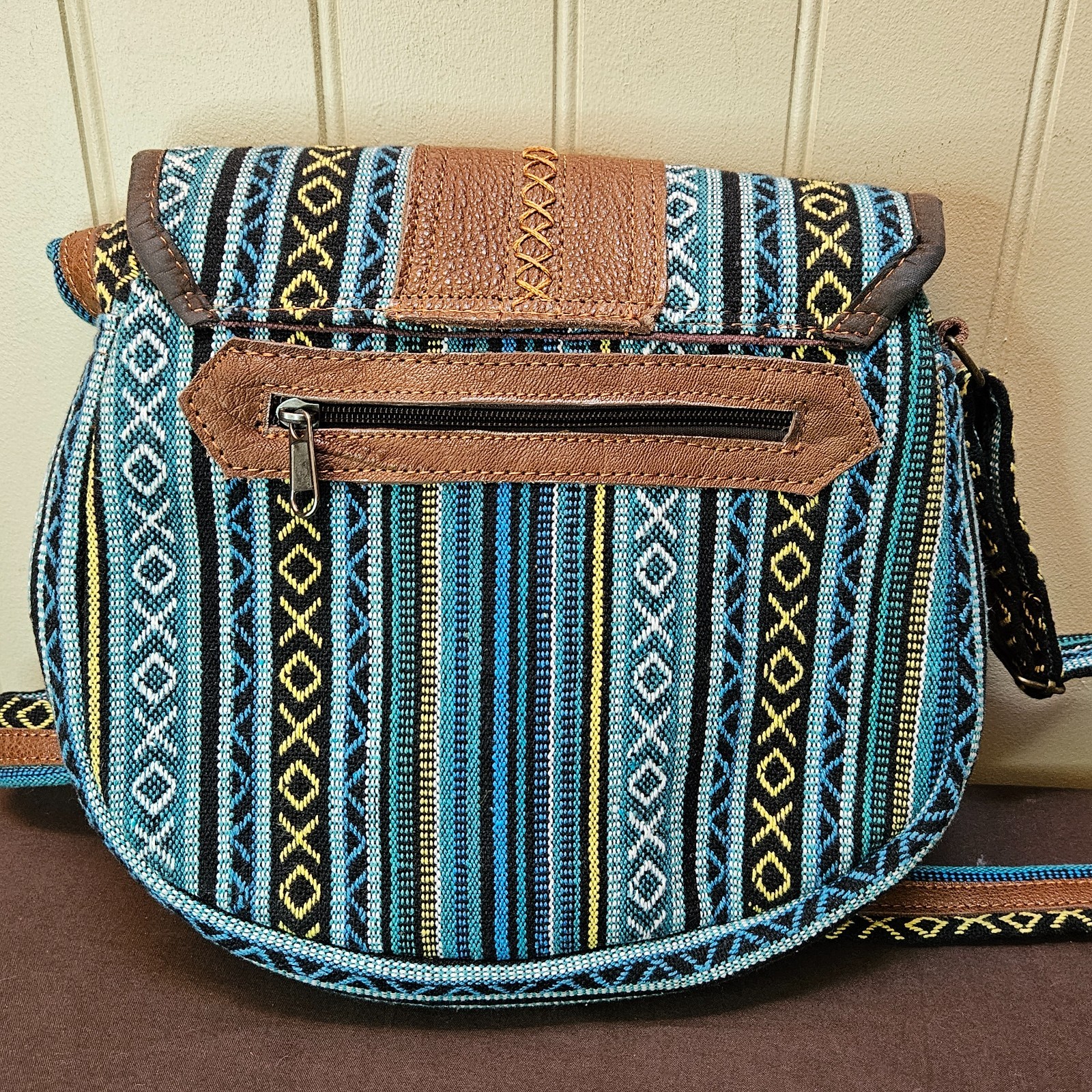 Cotton Weave/Leather Nepalese Purse Crossbody Shoulder Bag Strap BOHO 11x9x2.5