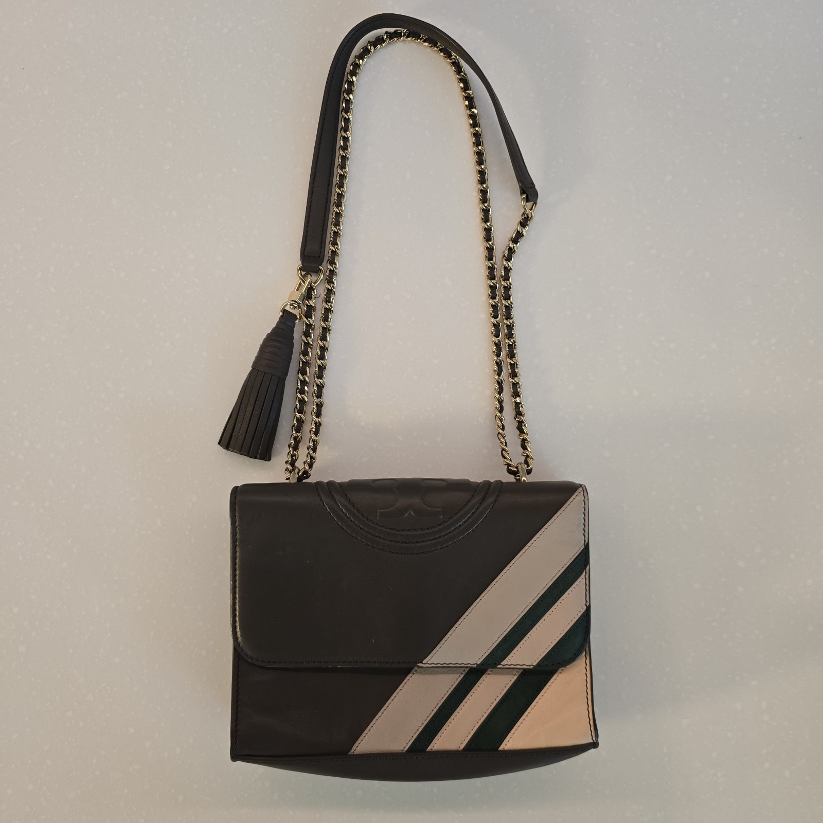 Tory Burch Dark Grey Leather Small Fleming Green Stripe Convertible Shoulder Bag