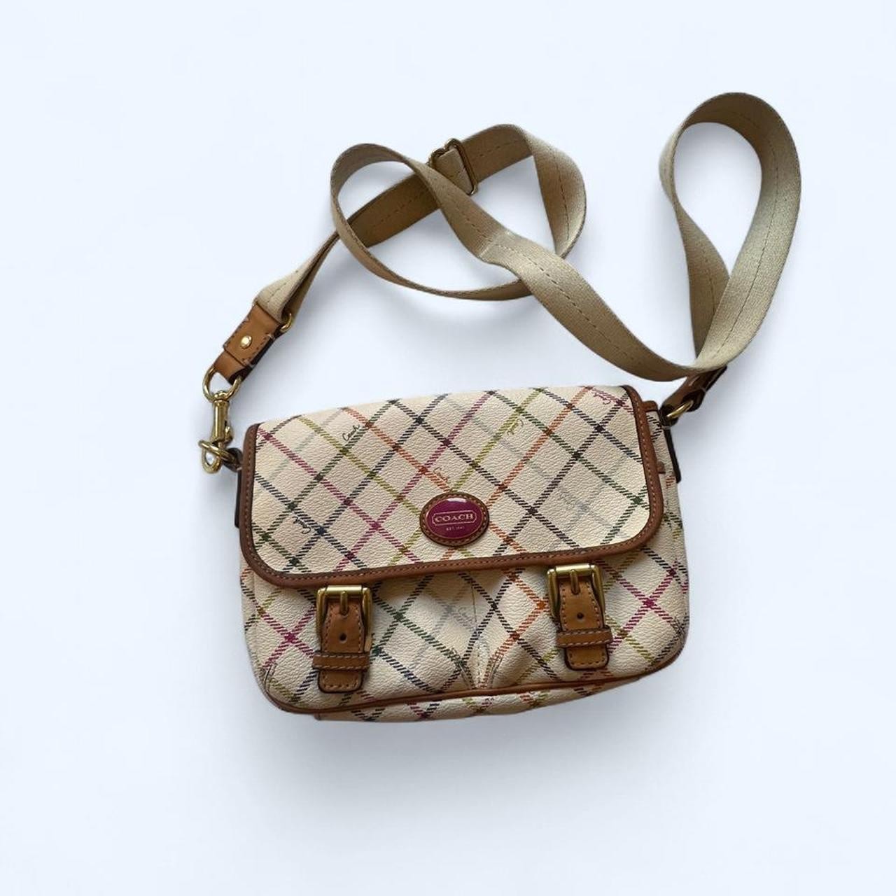 Coach Peyton Tattersall Plaid Crossbody Field Bag Leather Trim Y2K