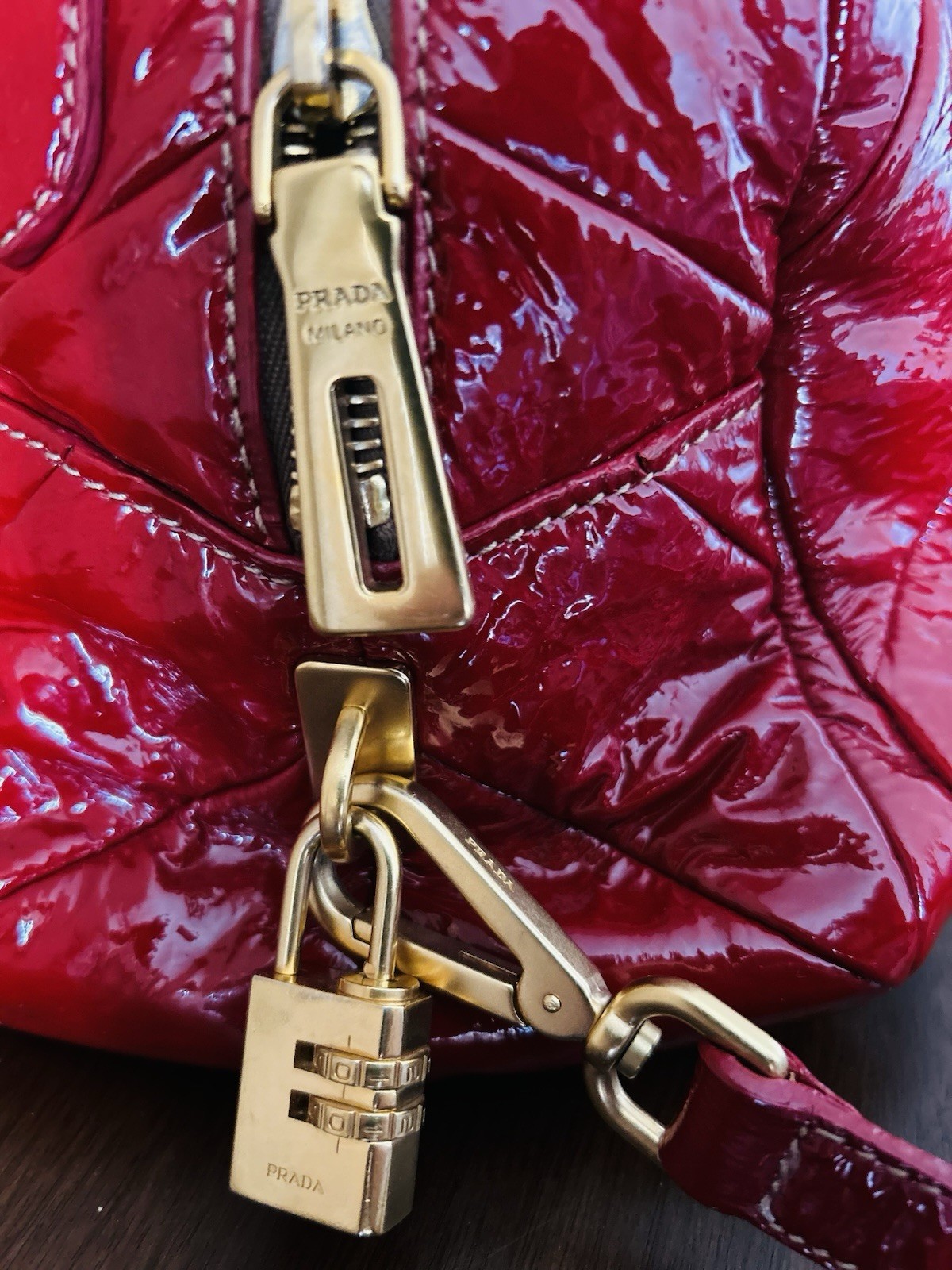 Prada Red Patent Quilted Satchel Top Handle Detachable Strap Gold Zip