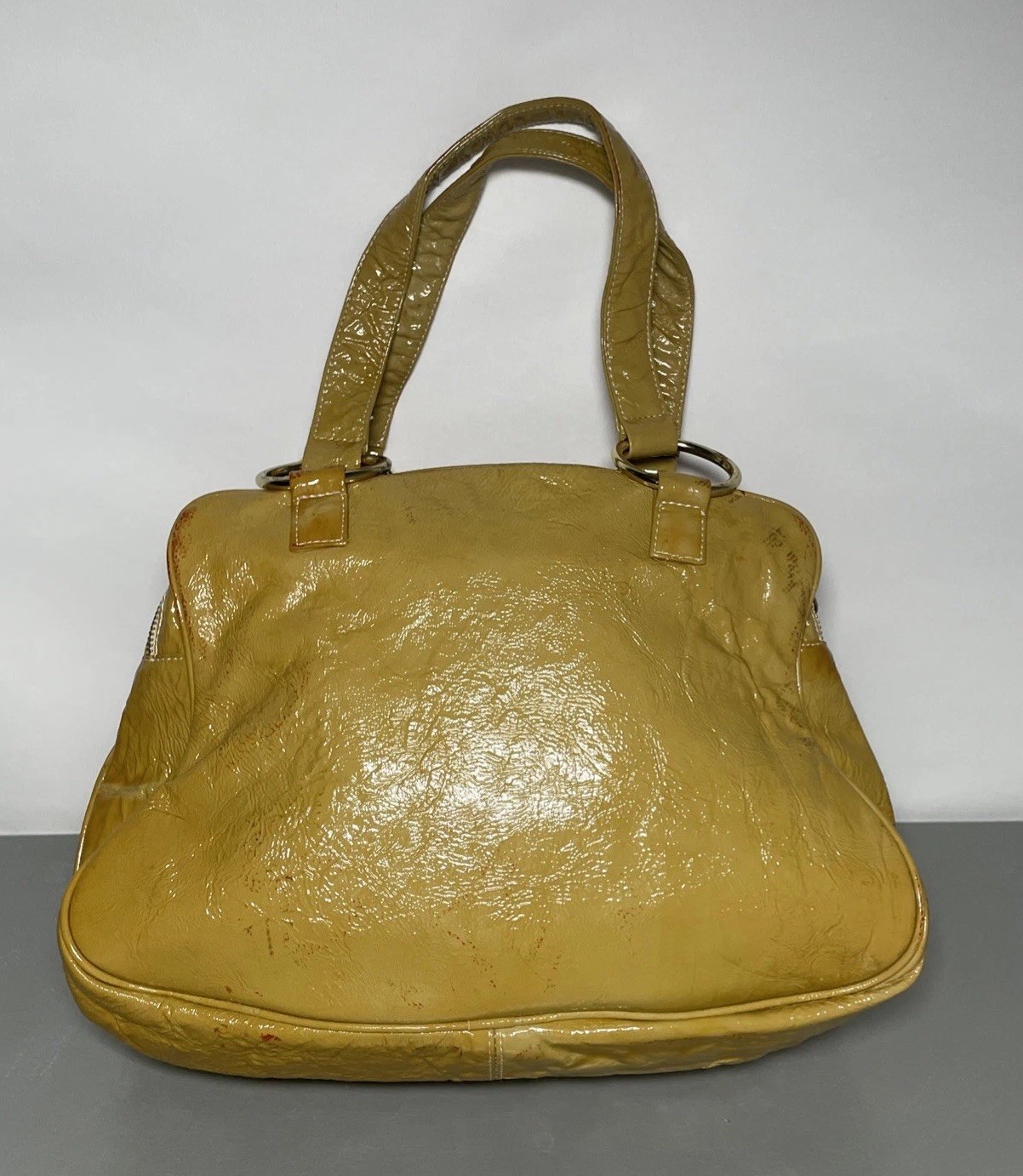 Women’s Bulga Yellow Patent Leather Hobo Bag Y2K Red Paint Splash Distress Purse